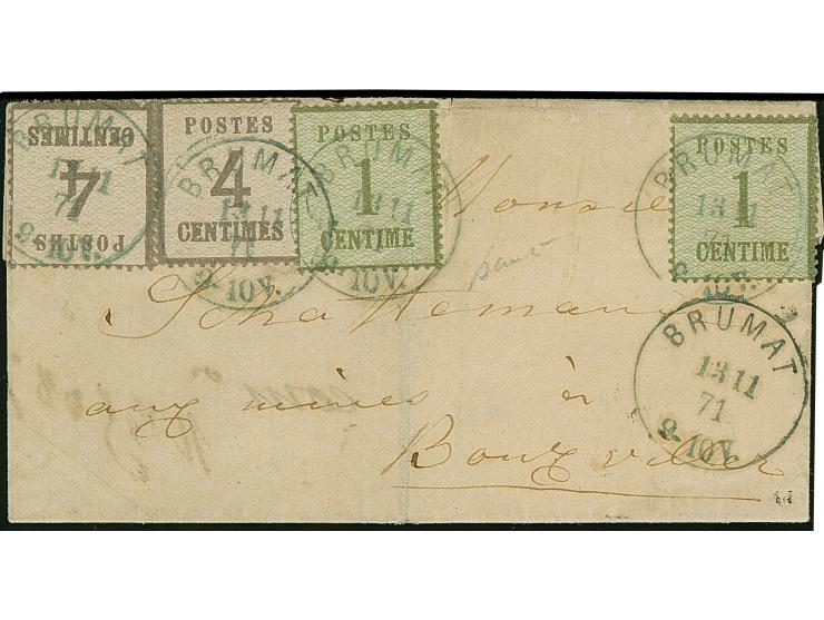 1870, 1 C. olivgrün sowie 4 C. lilagrau, je zwei Stücke sauber entwertet durch auf- und nebengesetztem EKr. “BRUMAT 13 11 71”