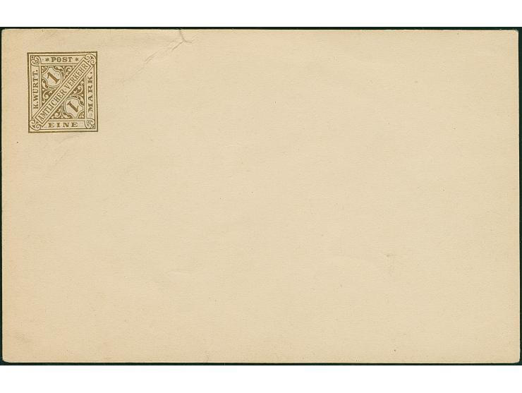 1890, Versuchsdruck 1 Mk. goldfarben, links oben auf Karton in Postkartengröße, ungebraucht. Leichte Knitterspuren und oben k