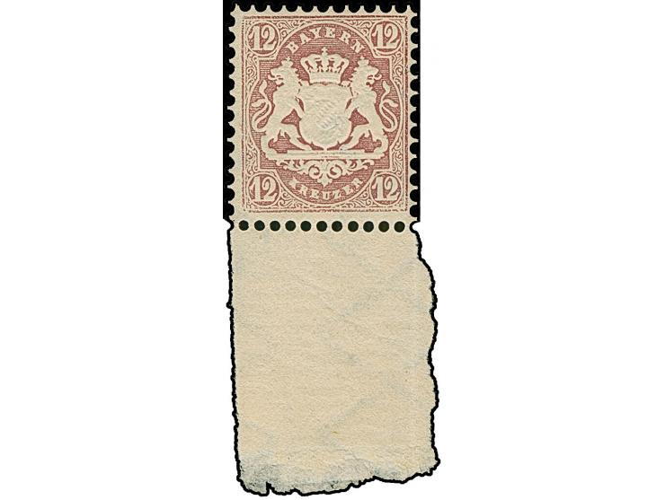 12 Kr. dunkelbraunpurpur, farbfrisch, sehr gut gezähnt und mit schöner Wappenprägung, unten mit breitem Bogenrand. Die Marke 