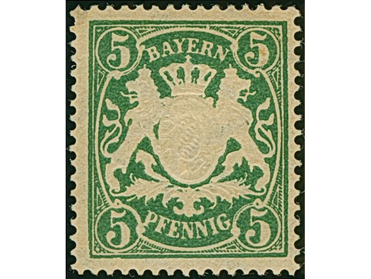 1890, Wappen 5 Pfg. grün auf rötlichem Papier mit Wasserzeichen 'senkrechte Wellenlinien' der Ausgabe 1881, ungebraucht. Der 