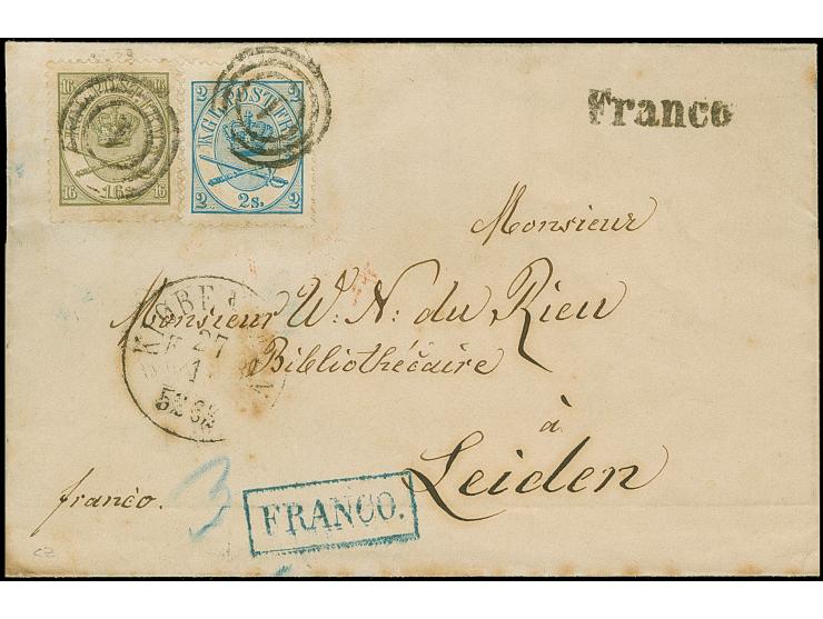1864, 16 sk. greenish dark grey and 2 sk. blue, tied by no. "1" to lettersheet from "KJOBENHAVN 27 11" to lettersheet to Leid