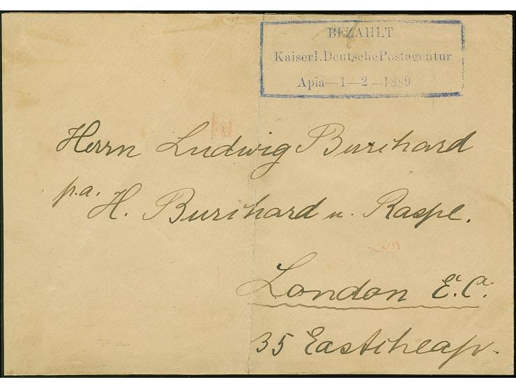 1889, “BEZAHLT Kaiserl. Deutsche Postagentur Apia-1-2-1889” klar vom Ersttag, ohne handschriftlichen Vermerk der Wertstufe au