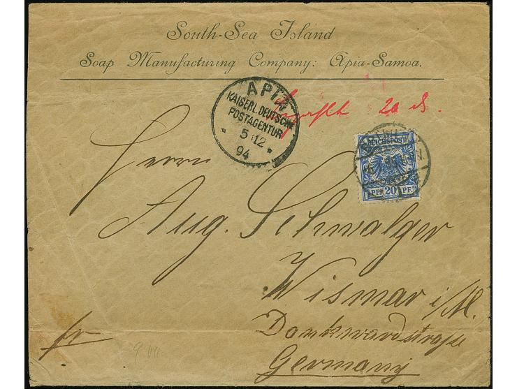 1890, Krone/Adler 20 Pfg. violettultramarin mit nachträglicher Entwertung “BREMEN 6.1.89” auf Vordruckbrief “South-Sea Island