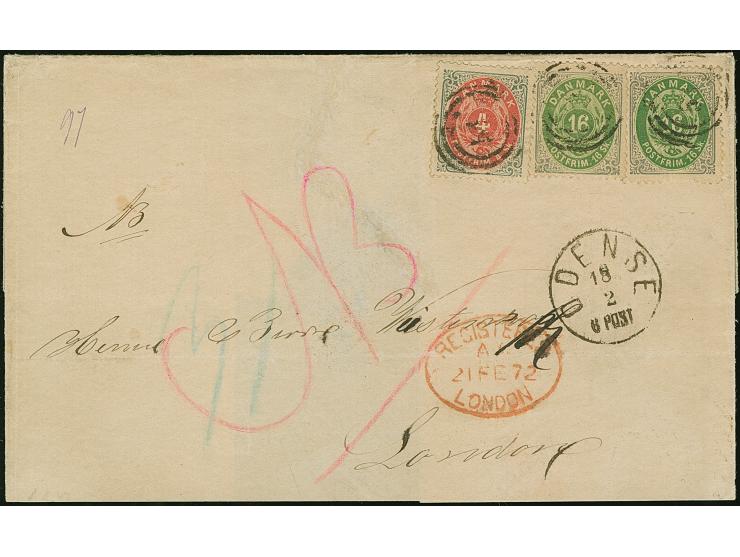 1870/74, 16 sk. green/grey, two copies, with 4 sk. red/grey, tied by no. "51" with adjacent c.d.s. "ODENSE 18 2" (1872) to 2n