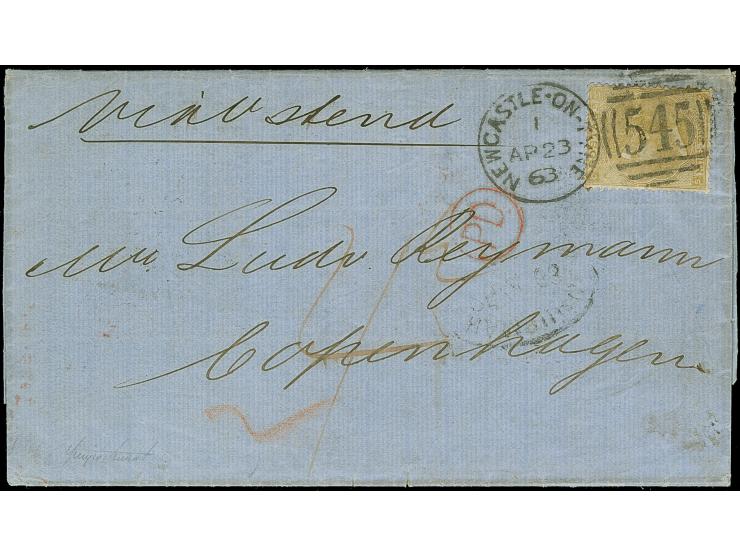 1862/64, 9 d. straw, tied by duplex "545/NEWCASTLE-ON-TYNE AP 23 63" to entire letter, endorsed "via Osend" and with Hamburge