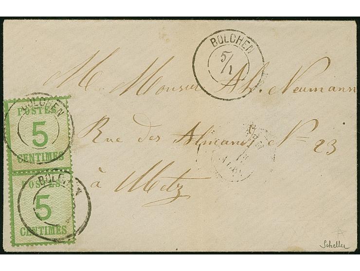 “BOLCHEN” Provisorische Stempel, sauber auf- und nebengesetztem auf 5 C. (senkrechter Paar) auf portogerechter Briefkuvert na