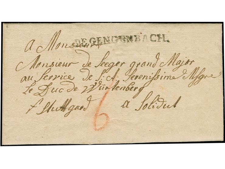 1773, "DE GENGENBACH", L1 sehr schön abgeschlagen auf komplettem Faltbrief an einen Major nach Schloss Solitude bei Ludwigsbu