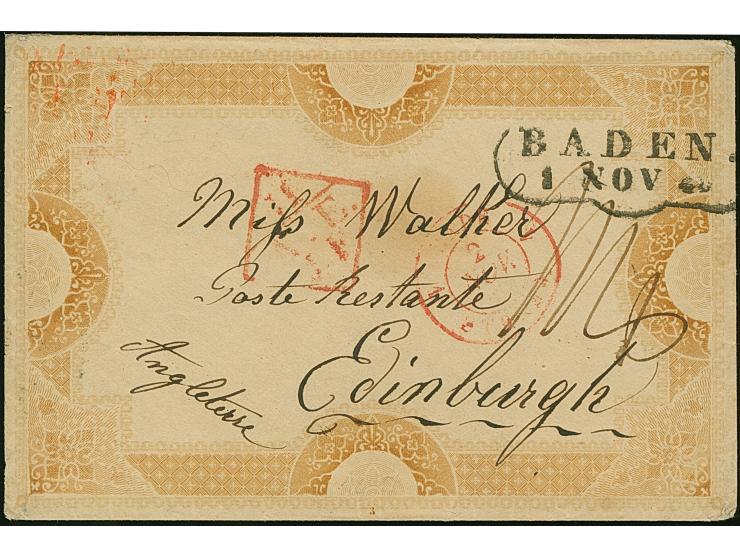 1840, "BADEN 1 NOV.", Zierstempel, sauber auf vorder- und rückseitig in Brauntönen bedruckten Zierbrief nach Edinburgh. Ein s