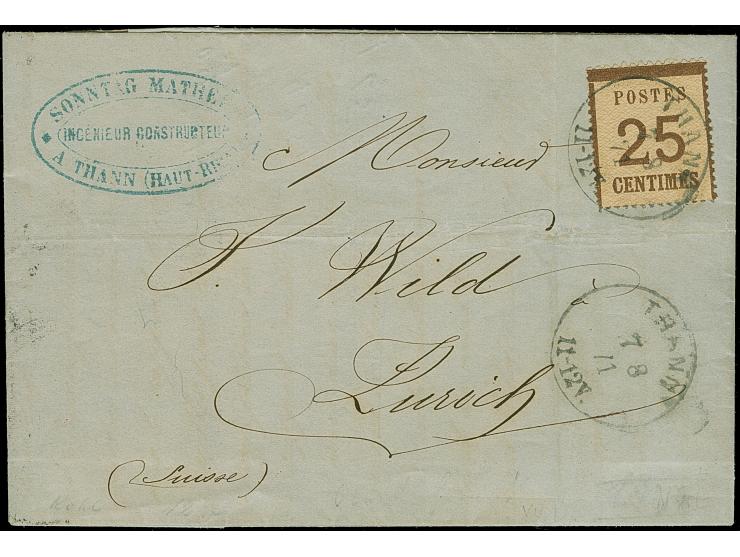 25 C. ockerbraun, Spitzen nach oben im großen Format, mit EKr. “THANN 7 8 71” auf Faltbrief nach Zürich mit rückseitigem Anku