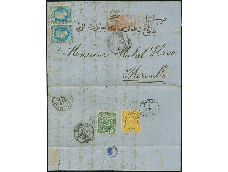 Alexandretta: 1869, entire letter to Marseilles, franked on reverse with Turkey 1868 Duloz 20 pa. green and 1 pi. yellow, per