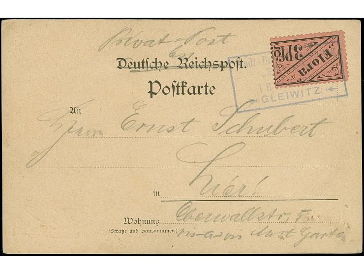 BEUTHEN (GLEIWITZ): Flora 3 Pfg. mit Ra4 "Stadt-Brief-Beförderung/" FLORA"/ 18 AUG 1897/GLEIWITZ"auf Bedarfs gebrauchter Orts