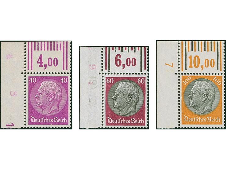 1933, Hindenburg 3-100 Pfg. mit Wasserzeichen 2, kompletter Satz mit Walzendruck-Oberrändern (3 Pfg. Plattendruck) und bis au