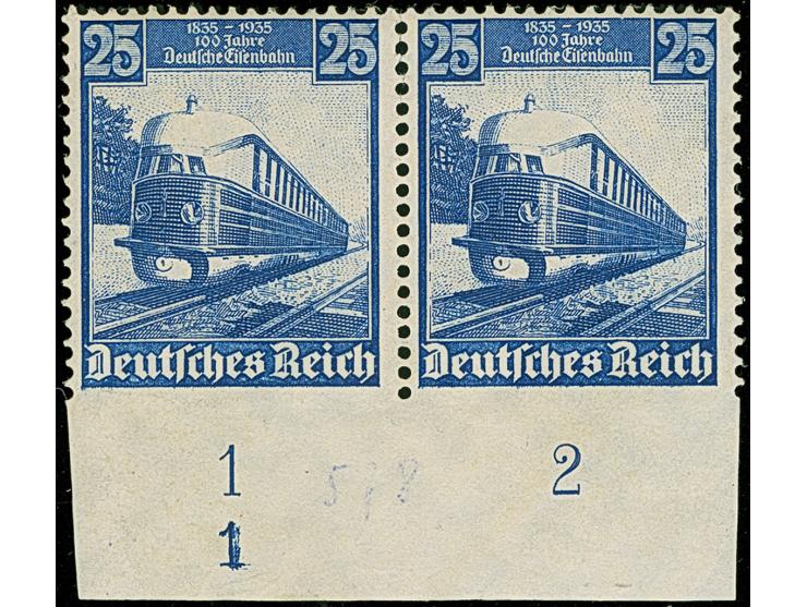 1935, Eisenbahn 25 Pfg. unten ungezähnt im waagerechten Unterrandpaar mit Formnummer “1”, ungebraucht mit Gummifehlern. Das P