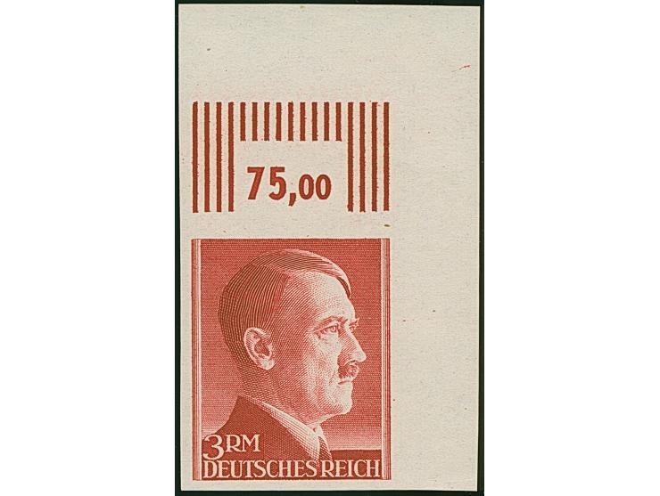 1942, Hitler 3 M. ungezähnt aus der rechten oberen Bogenecke, postfrisch und in tadelloser Erhaltung, signiert Schlegel BPP u