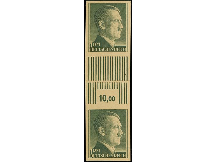 1942, Hitler 1 M. Probedruck ungezähnt in Schwarzgrün im senkrechten Zwischenstegpaar auf dünnem, gelblichem, holzartigem Pap