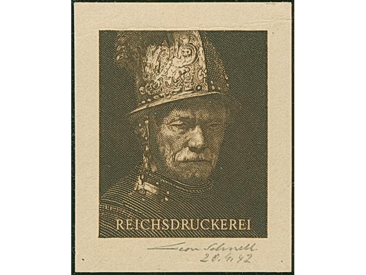 1942, Einzelabzug einer Maschinenprobe mit Abbildung “Mann mit Goldhelm” (Rembrandt) in Sepia-Braun und Inschrift “REICHSDRUC