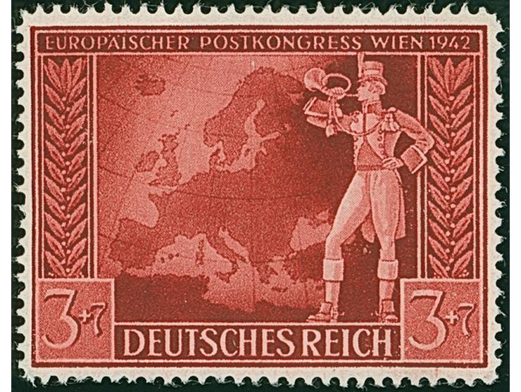 1942, Europäischer Postkongress 3 Pfg. &nbsp;als gezähnter Probedruck in Dunkelbräunlichrot mit Linienzähnung 14½, ungebrauch