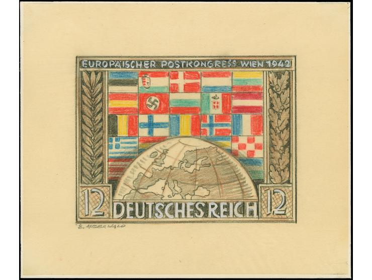1942, Europäischer Postkongress 12 Pfg. als Entwurf im Format 194 x 160 mm mit Bleistiftvermerk des Graphikers E. Meerfwald a