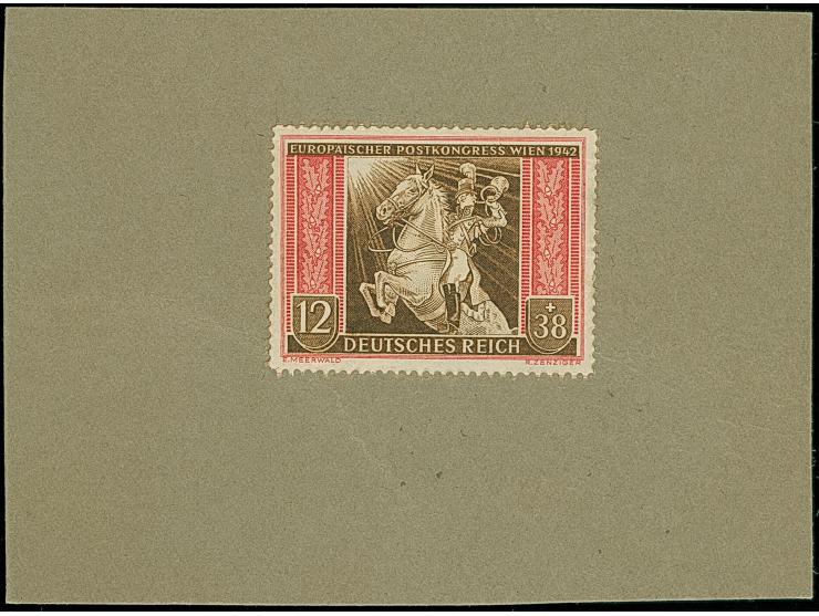 1942, Europäischer Postkongress 12 Pfg. &nbsp;als gezähnter Probedruck in den Farben Dunkelrot/Dunkelsiena mit Linienzähnung 