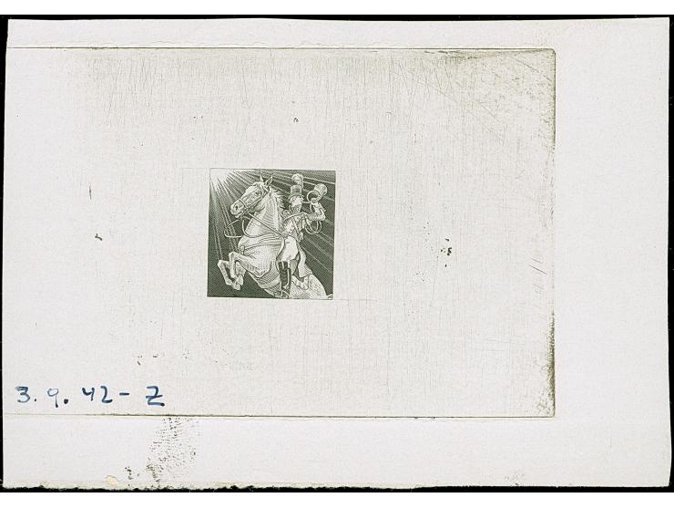 1942, Europäischer Postkongress (12 Pfg.) als ungezähnter Phasendruck des Mittelstücks in Schwarz als Einzelabzug im Blockfor