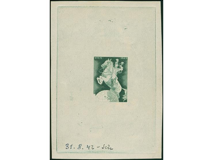 1942, Europäischer Postkongress (6 Pfg.) als ungezähnter Phasendruck des Mittelstücks in Dunkelgrün als Einzelabzug im Blockf