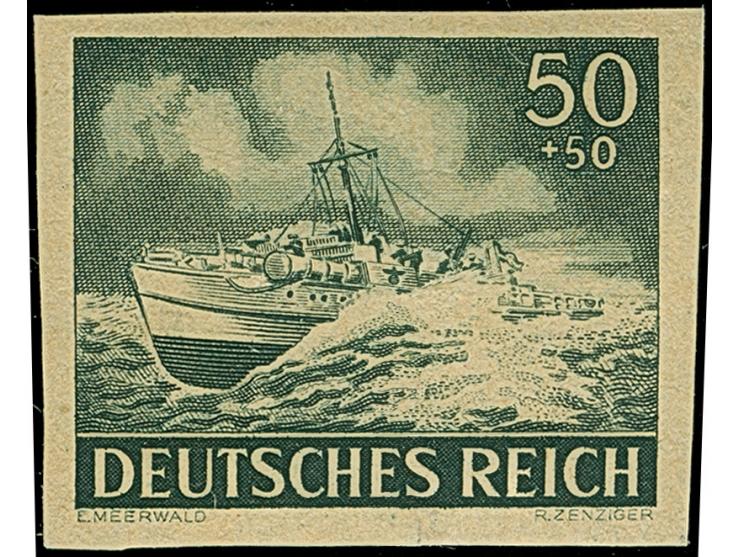 1943, Tag der Wehrmacht 50 Pfg. als ungezähnter Probedruck auf dünnem, gelblichen, holzhaltigen Papier ohne Gummierung (hier 