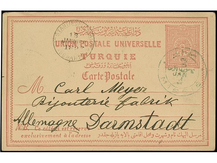 "MISSIS JAN 8 93", cds in bluish green, on postcard dated “Castellorizo 27/XII 92”, via Constantinopel and railway &nbsp;"CON