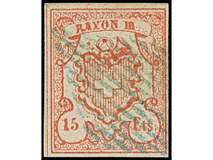 15 Cts., farbfrisch und voll- bis meist breitrandig, leicht entwertet durch blaue Raute. Einwandfrei. Signiert Moser mit Befu