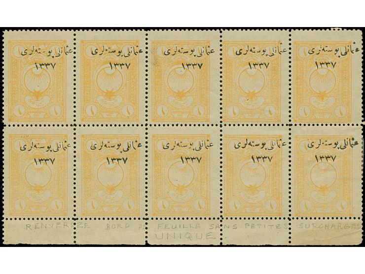 1921, Finance Fiscal 1 pia. yellow block of ten top margin, variety inverted overprint and the unrecorded variety ‘bottom row