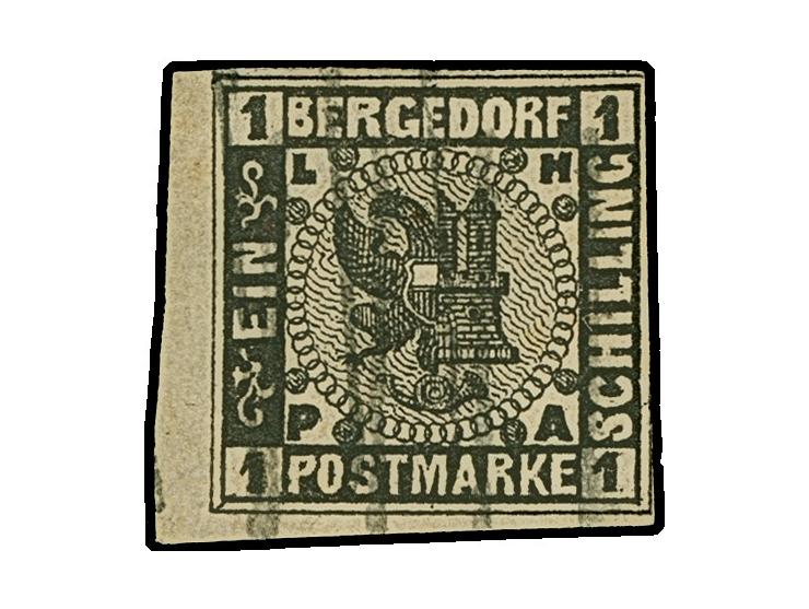 1861, 1 Sch. schwarz, allseits breitrandig, aus der Bogenecke eines Umdruckblockes stammend, mit ca. 1-2 mm Bogenrändern, sau