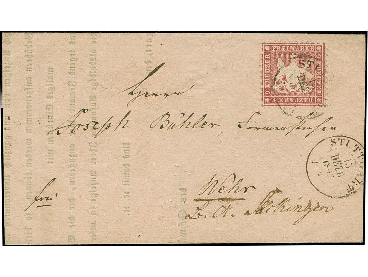 9 Kr. lilarot, farbfrisch und gut gezähnt, mit DKr. "STUTTGART 15 DEZB. 1862", auf komplettem Faltbrief (Anzeigenrechnung des