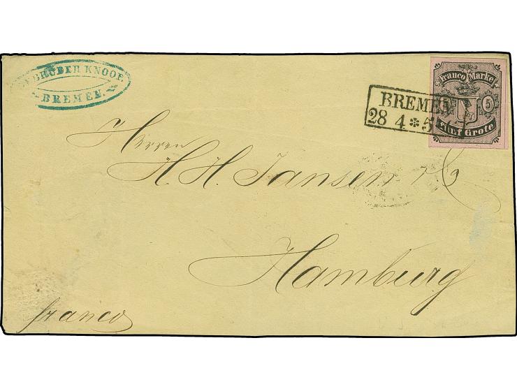 1856, 5 Grote auf karmingrau, farbfrisch und allseits breitrandig, mit klar aufgesetztem Ra2 "BREMEN 20 4" auf Briefvordersei