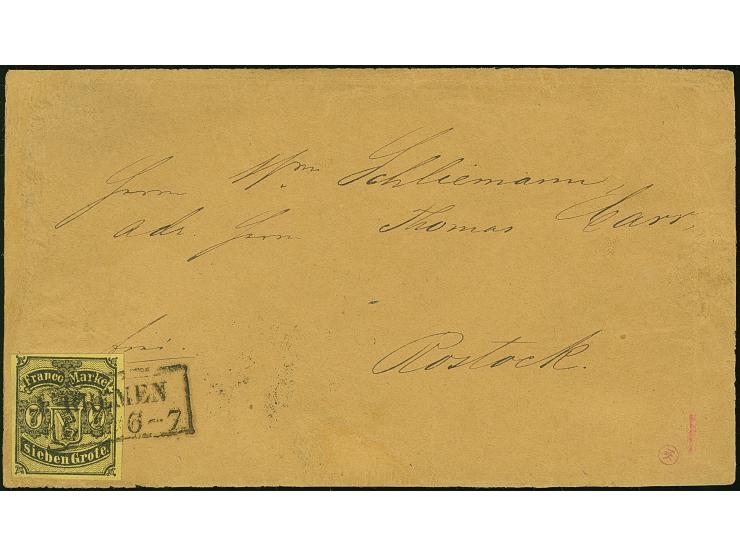 1860, 7 Grote auf rötlichgelb, farbfrisch und voll- bis &nbsp;breitrandig, mit klar aufgesetztem Ra2 "BREMEN 16 6" auf Briefk