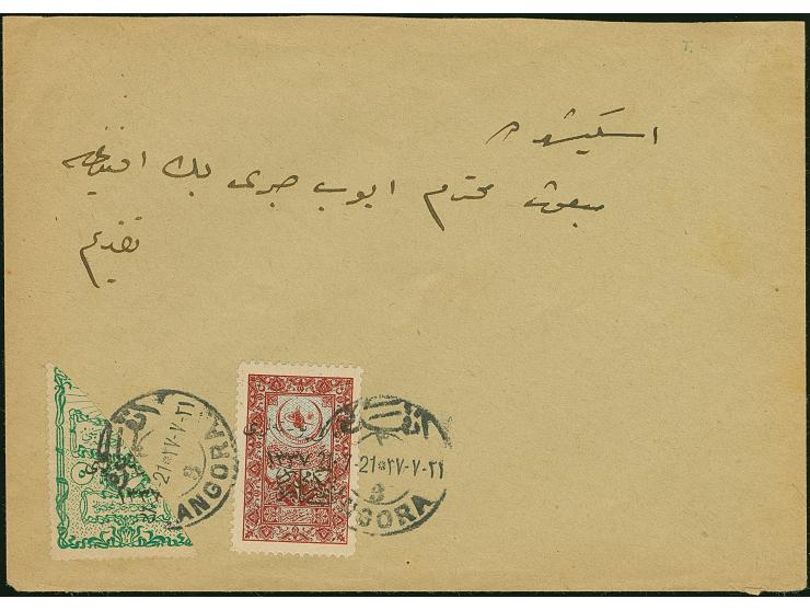 1921, Foreign affairs fiscal stamp 5 pia. bright-green typo overprinted 1337, used diagonally BISECT on cover together with 2