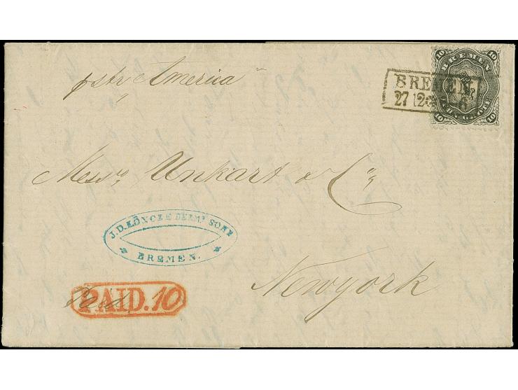 10 Grote schwarz, farbfrisch und gut bis ausgabetypisch gezähnt, mit sauber aufgesetztem kleinen Ra2 "BREMEN 27 12" (1867) au