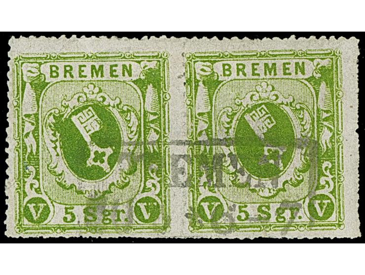 5 Sgr. dunkelgelblichgrün auf gestrichenem Papier, waagerechtes Paar, farbfrisch und üblich durchstochen, leicht entwertet du