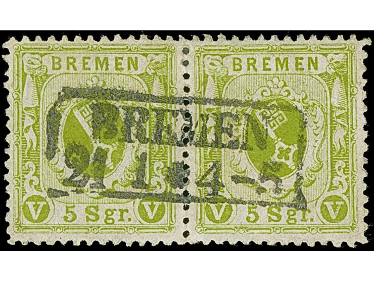 5 Sgr. dunkelgrünlicholiv auf gestrichenem Papier, waagerechtes Paar, farbfrisch und gut gezähnt, sauber entwertet durch zent