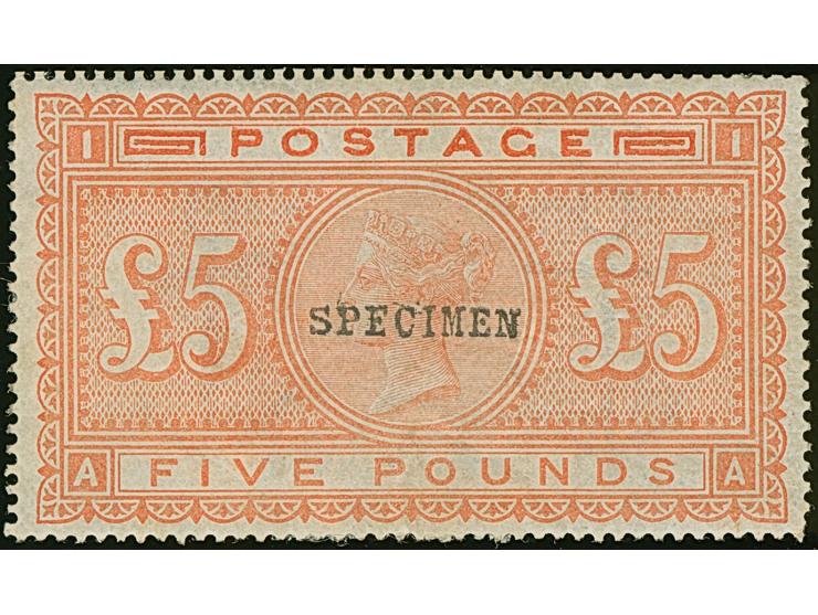 1882, £5 orange on blued paper, AA, handstamped "SPECIMEN", type 9, very good colour, mostly very good perforations, unused w