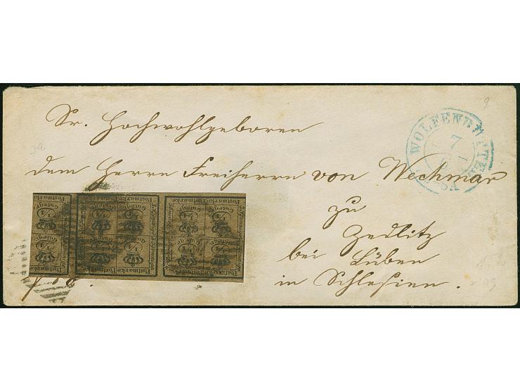 10/4 Ggr. auf graubraun im waagerechten Streifen, links und rechts unten leicht berührt, mit Nr. "47" und nebengesetztem blau