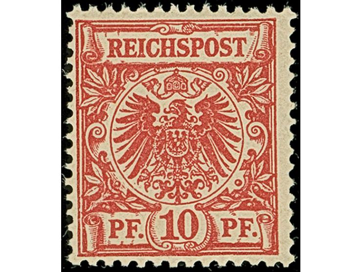 10 Pfg. dunkelrosa (gelblichorange quarzend), ist farbfrisch und sehr gut gezähnt. Die farbfrische Marke ist in tadelloser Er