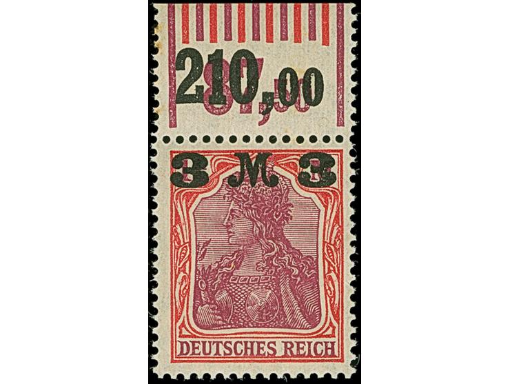 1921, Germania 3 M. auf 1¼ M. karminrot/dunkelkarminlila mit stumpfem Aufdruck, Walzendruck-Oberrandstück mit der Konfigurati