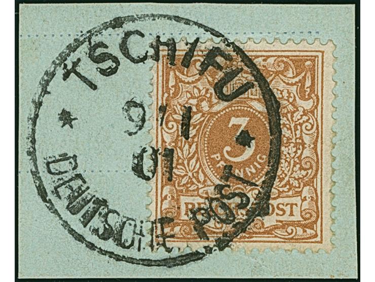 1900, Krone/Adler 3 Pfg. hellockerbraun mit Stempel “TSCHIFU DP 9.1.01” auf Briefstück in tadelloser Erhaltung. Die farbfrisc