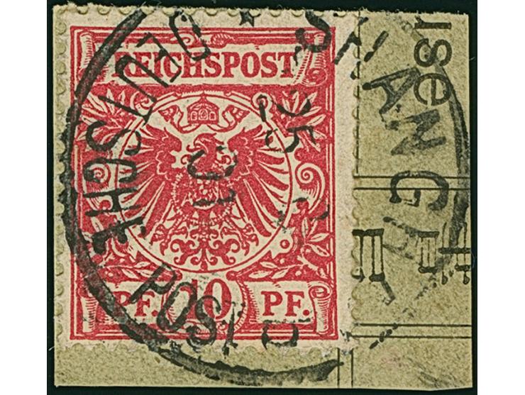 Krone/Adler 10 Pfg. lebhaftlilarot, farbfrisch und gut gezähnt mit Stempel “SHANGHAI DP *b 25…01.” auf Briefstück in einwandf