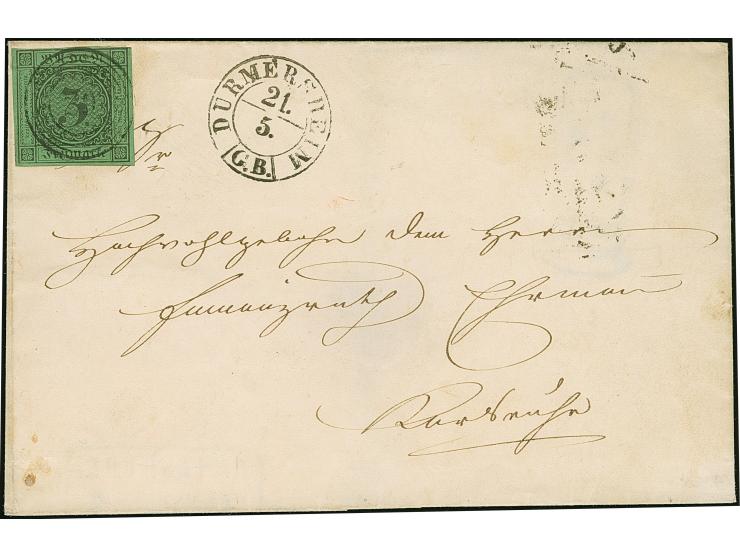 "29" auf 3 Kr. auf grün, mit klar nebengesetztem DKr. DURMERSHEIM/G. B./21./5." auf Briefhülle nach Karlsruhe. Ein seltener S