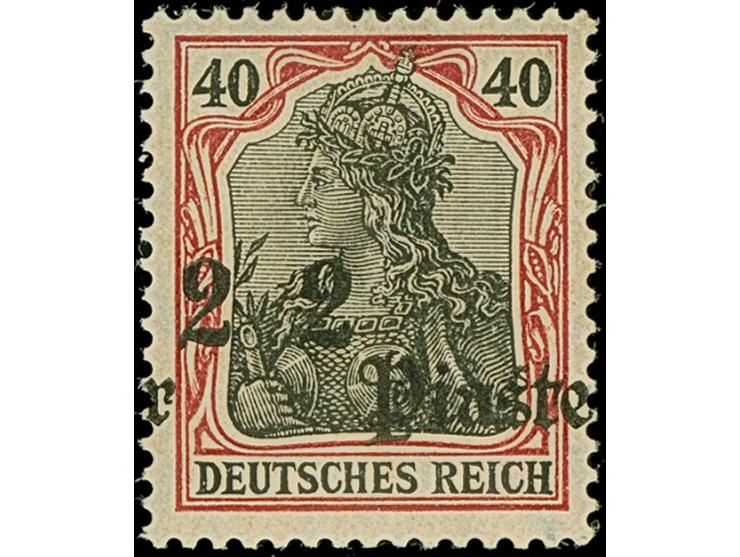 1905/13, 2 Pia. auf 40 Pfg. mit Aufdruckfehler “seitwärts stark verschobener Aufdruck 2 2 Piaster”, ungebraucht und in tadell