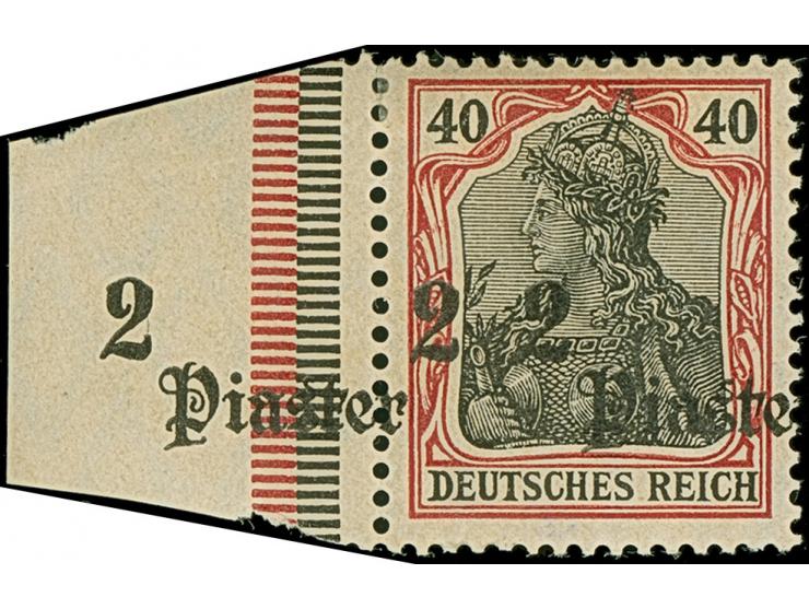 1905, 2 Pia. auf 40 Pfg. mit Aufdruckfehler “seitwärts stark verschobener Aufdruck 22 Piaster und anhängender linker Bogenran
