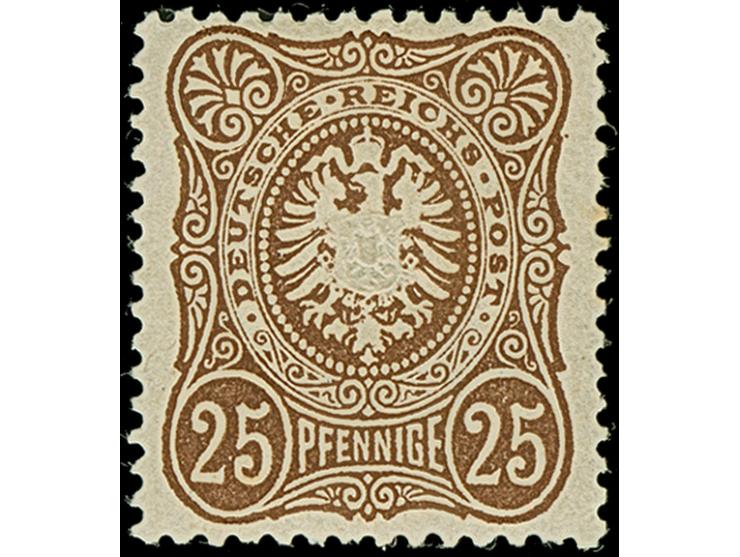 25 Pfge (dunkel)siena, ist farbfrisch und teils etwas unregelmäßig gezähnt. Die ungebrauchte Marke hat einen minimalen Stockp