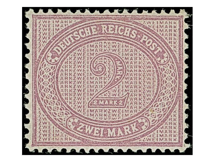 1889, 2 M. lebhaftraulila, ist farbfrisch und gut gezähnt. Die ungebrauchte Marke ist in tadelloser Erhaltung, doppelt signie