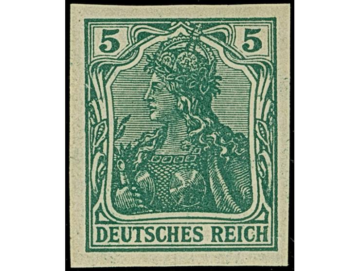 1915, Germania 5 Pfg. (dunkel)opalgrün ungezähnt mit Wasserzeichen “Kreuze und Ringe”, farbfrisch, ungebraucht und in tadello