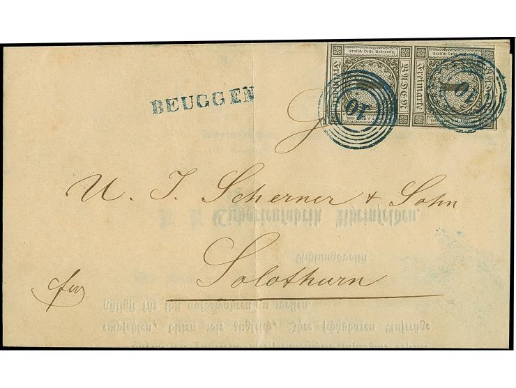 "10" in blau, zweimal klar abgeschlagen auf 1853, 1Kr. schwarz im senkrechten Paar, mit nebengesetztem blauem L1 "BEUGGEN" au